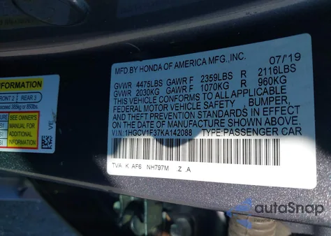 2019 Honda Accord Sport z USA, uszkodzony, nr VIN 1HGCV1F37KA142088